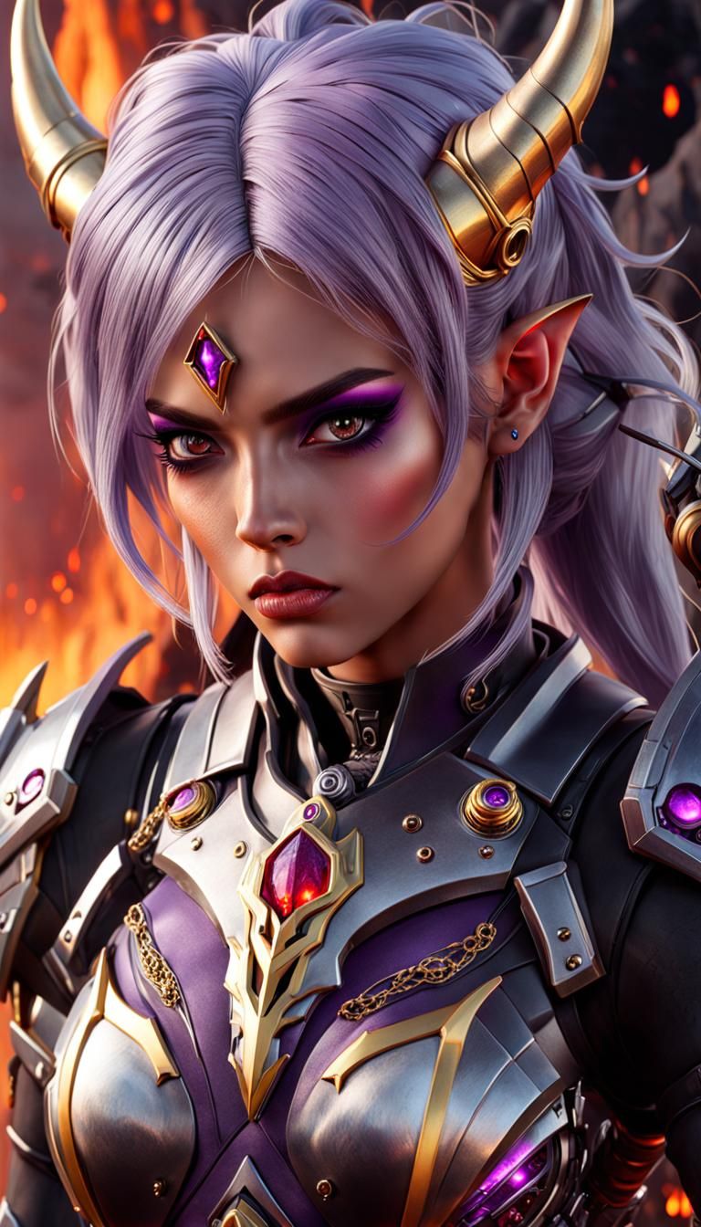 Armored Female Demon with Silver Hair