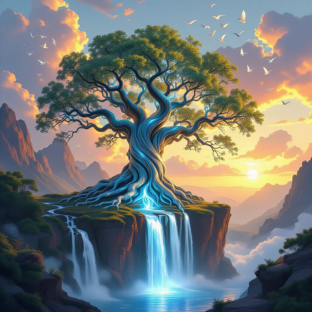 Majestic Iridescent Tree with Waterfalls at Dusk