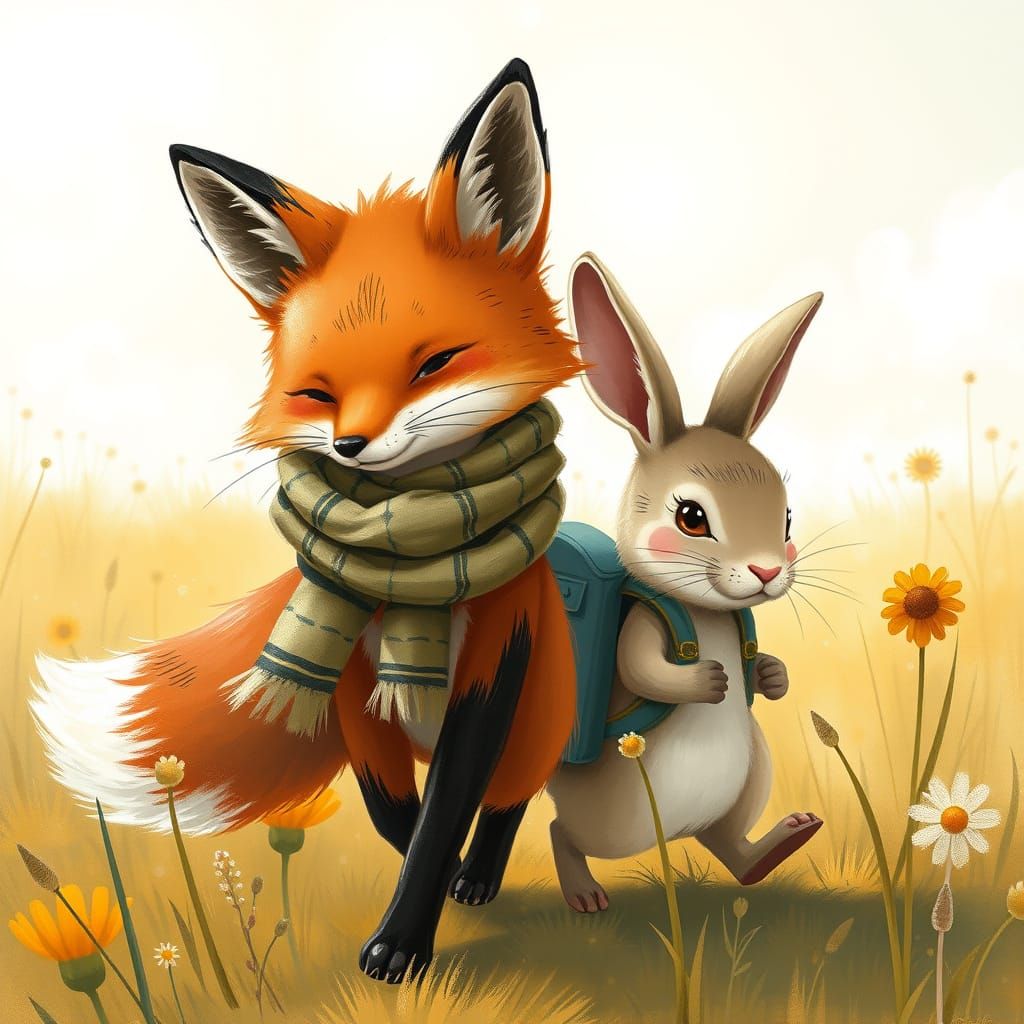 Fox and Rabbit Friends in Sunny Meadow, Whimsical Style