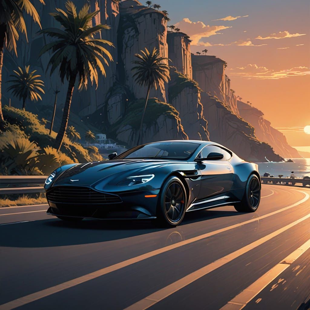Luxury Sports Car on Sunset Coastline in Ultramarine Black