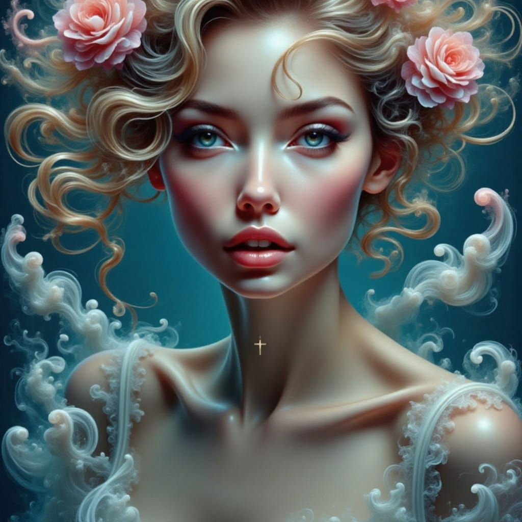 Ethereal Woman with Iridescent Cross, Dark Surrealism