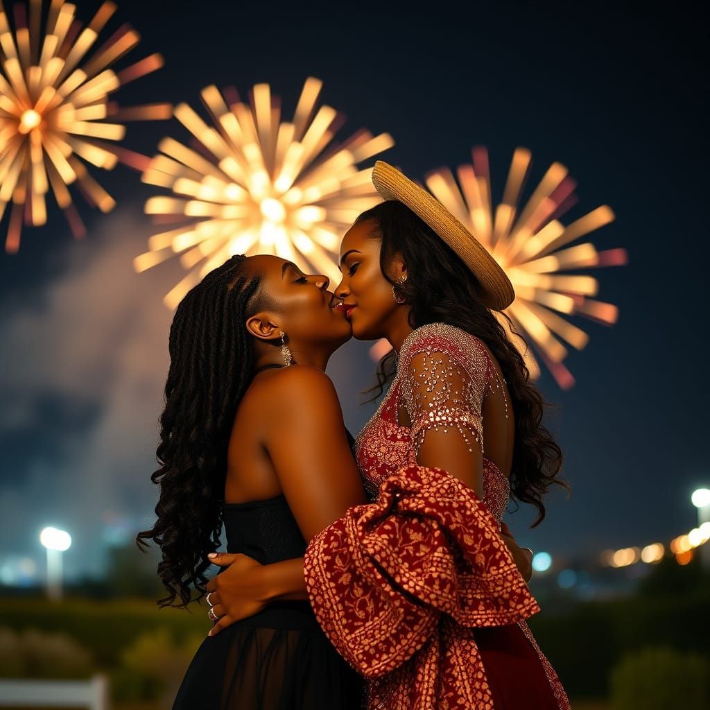 Black Women Kissing Under Fireworks, Professional Photograph...