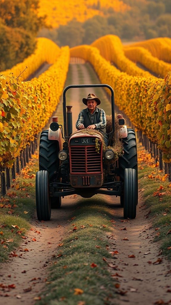 Tractor Drives Through Autumn Vineyard in Whimsical Fantasy....