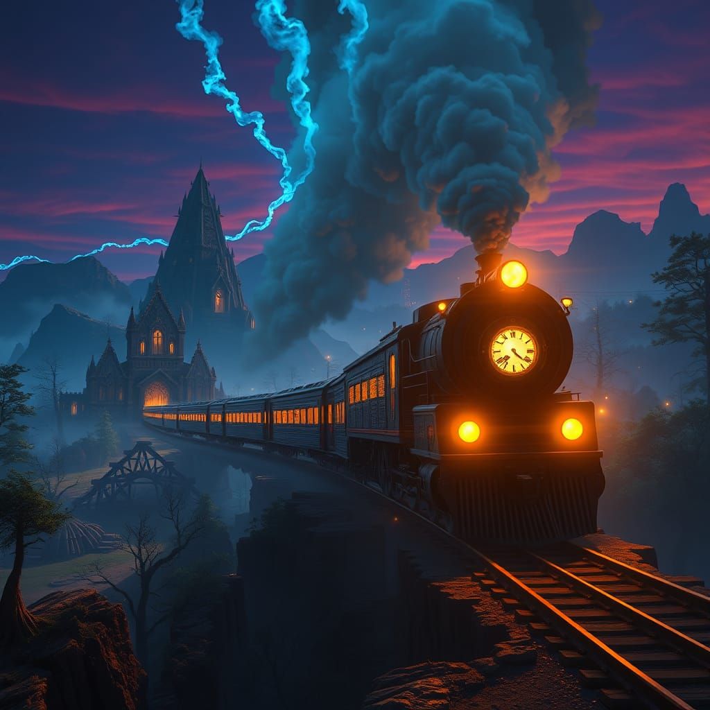 Mystical Train Journey Through Dreamlike Landscape