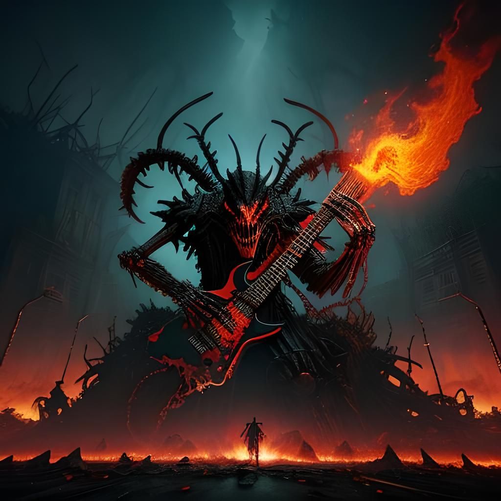 Mantis Krampus Shreds Guitar in Hellish Concert Art