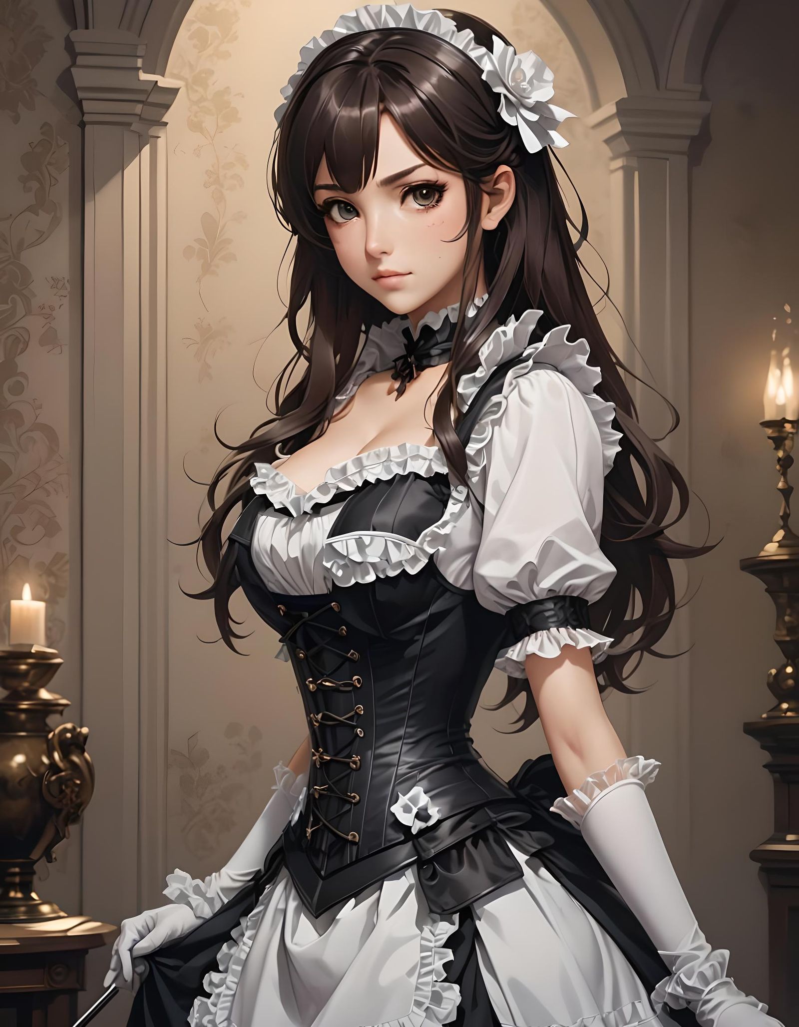 Brunette Maid in corset