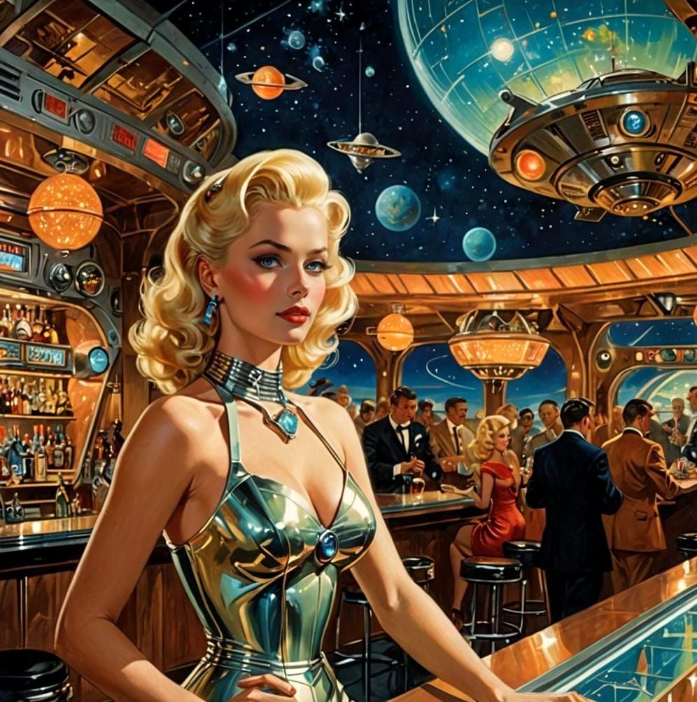 Retrofuturistic Bar Scene with Singer, Comic Book Style