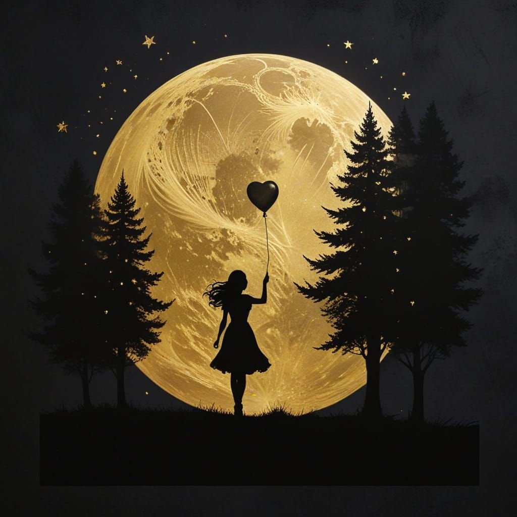 Girl Silhouette Walks Towards Gold Moon