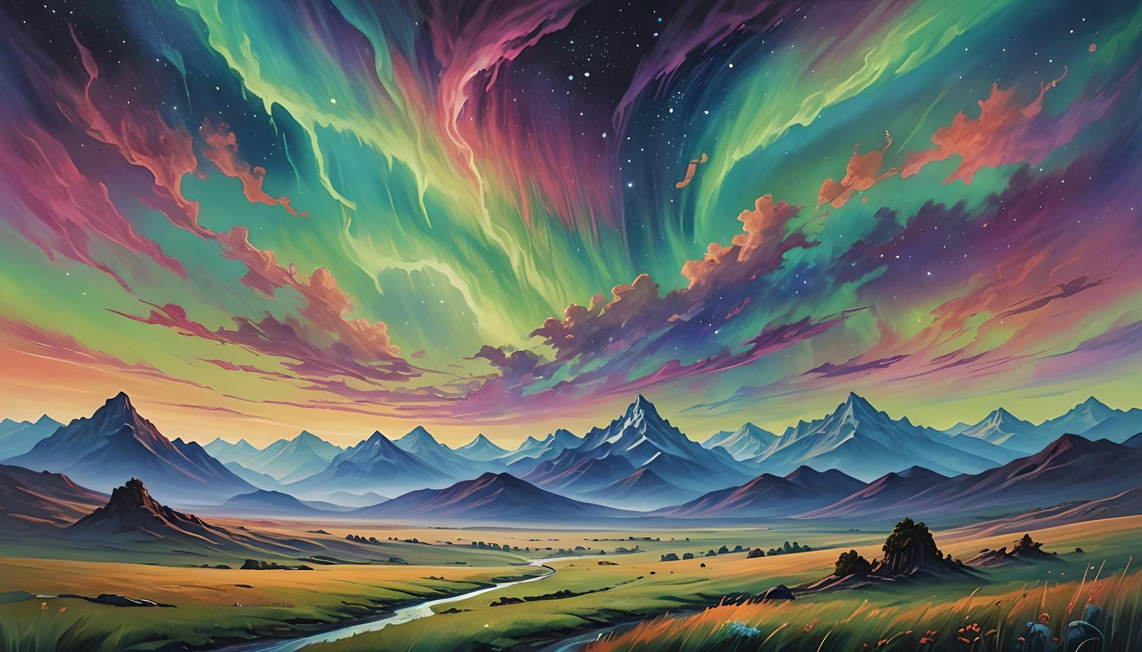 Epic Aurora Landscape Painting in Hyperrealism
