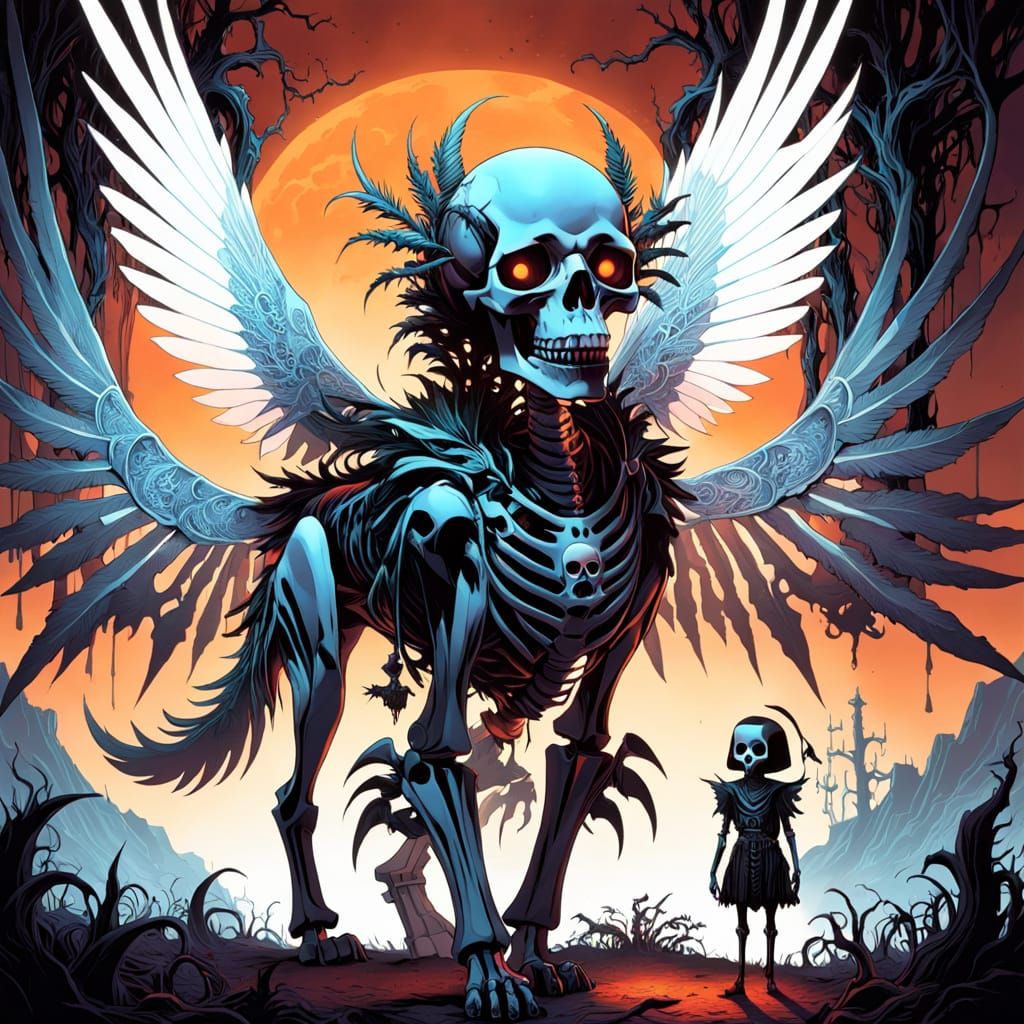 Morbid Dog Skeleton Wears Feathered Armor in Gothic Landscap...