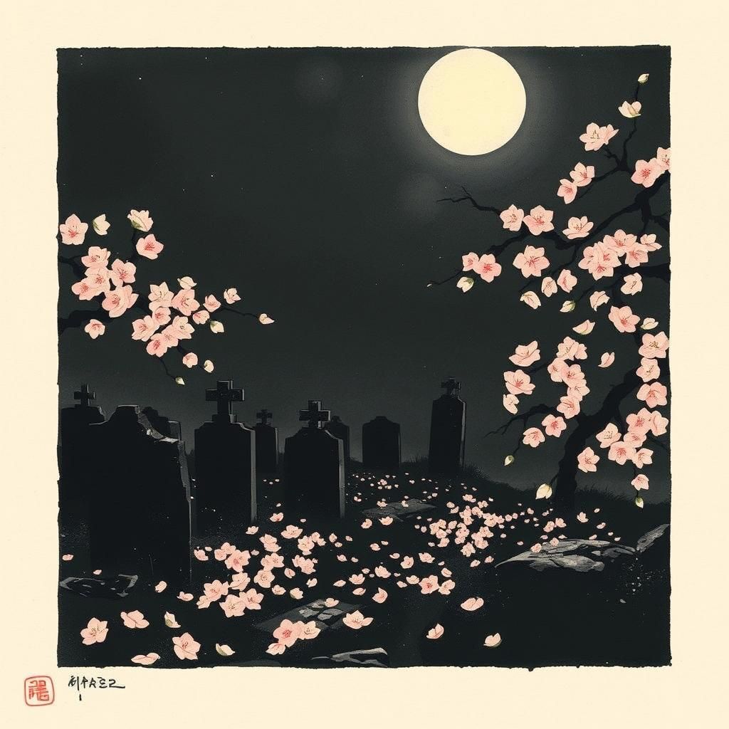 Cherry Blossoms in Moonlit Cemetery: Sumi-e Style