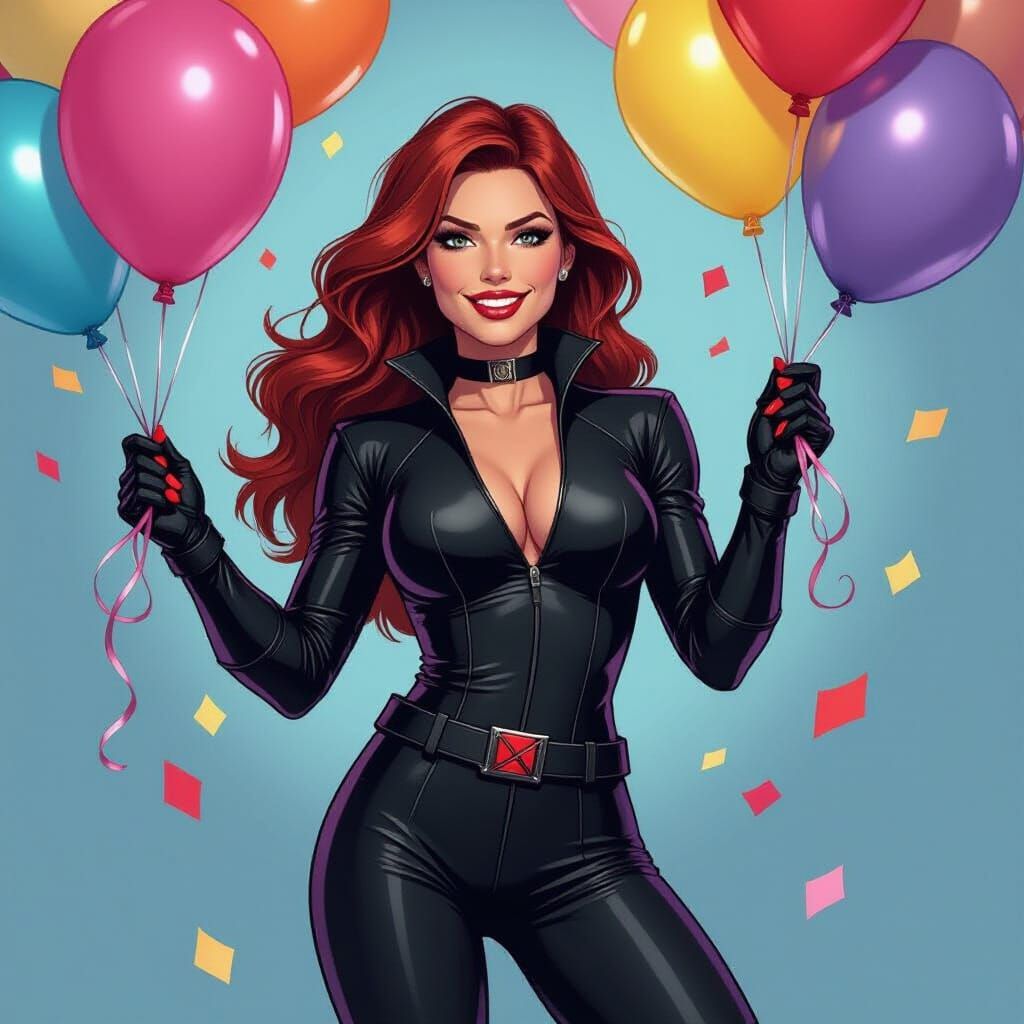 Black Widow Popping Balloons in Neon Style