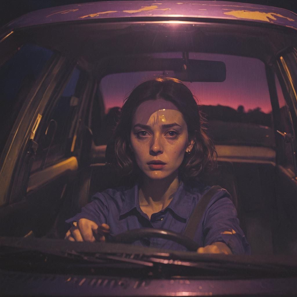 Neo-Expressionist Film Still: Woman Driving at Night