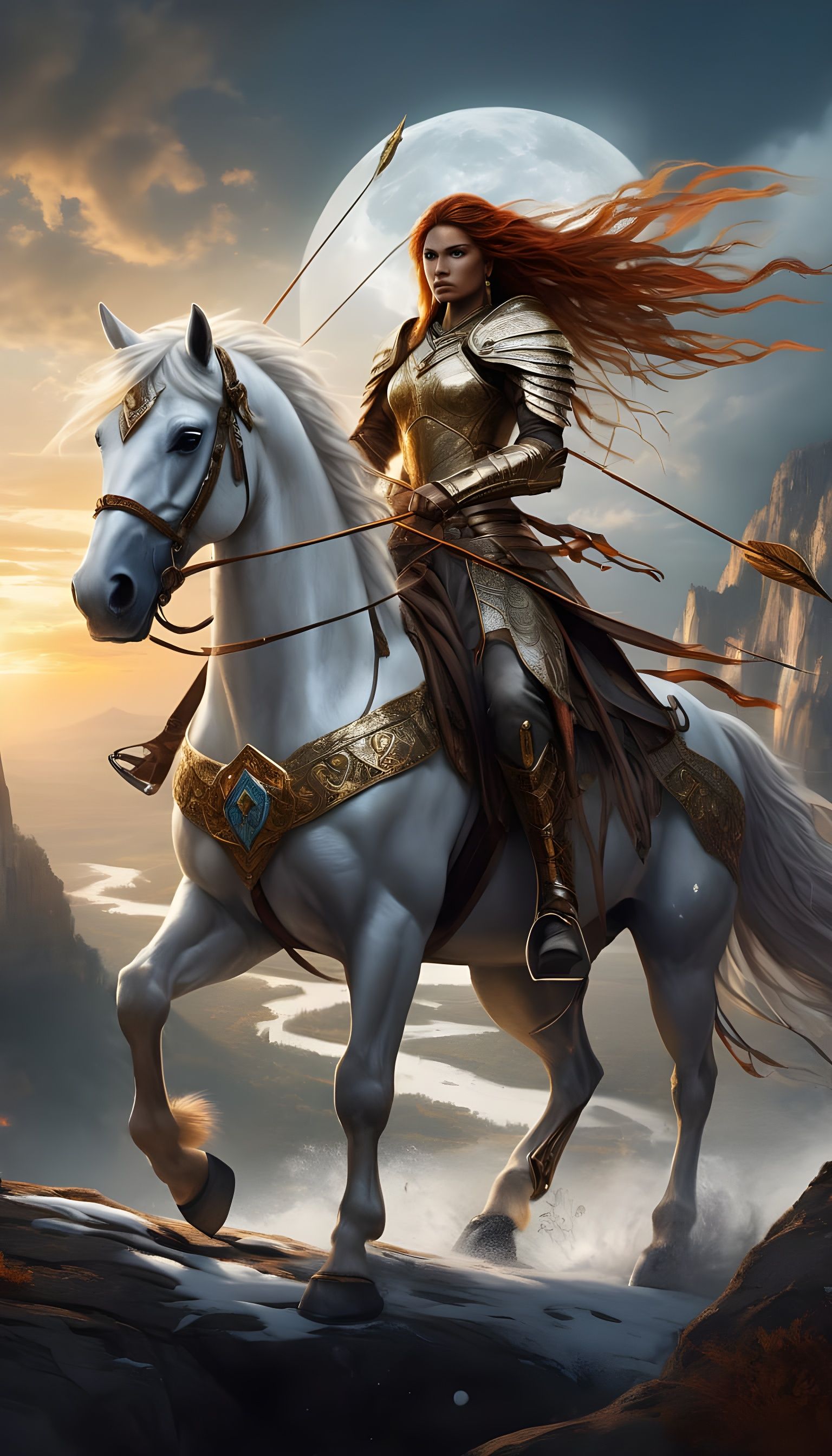 Epic Fantasy Amazon Rides Snow-White Stallion into Sunset