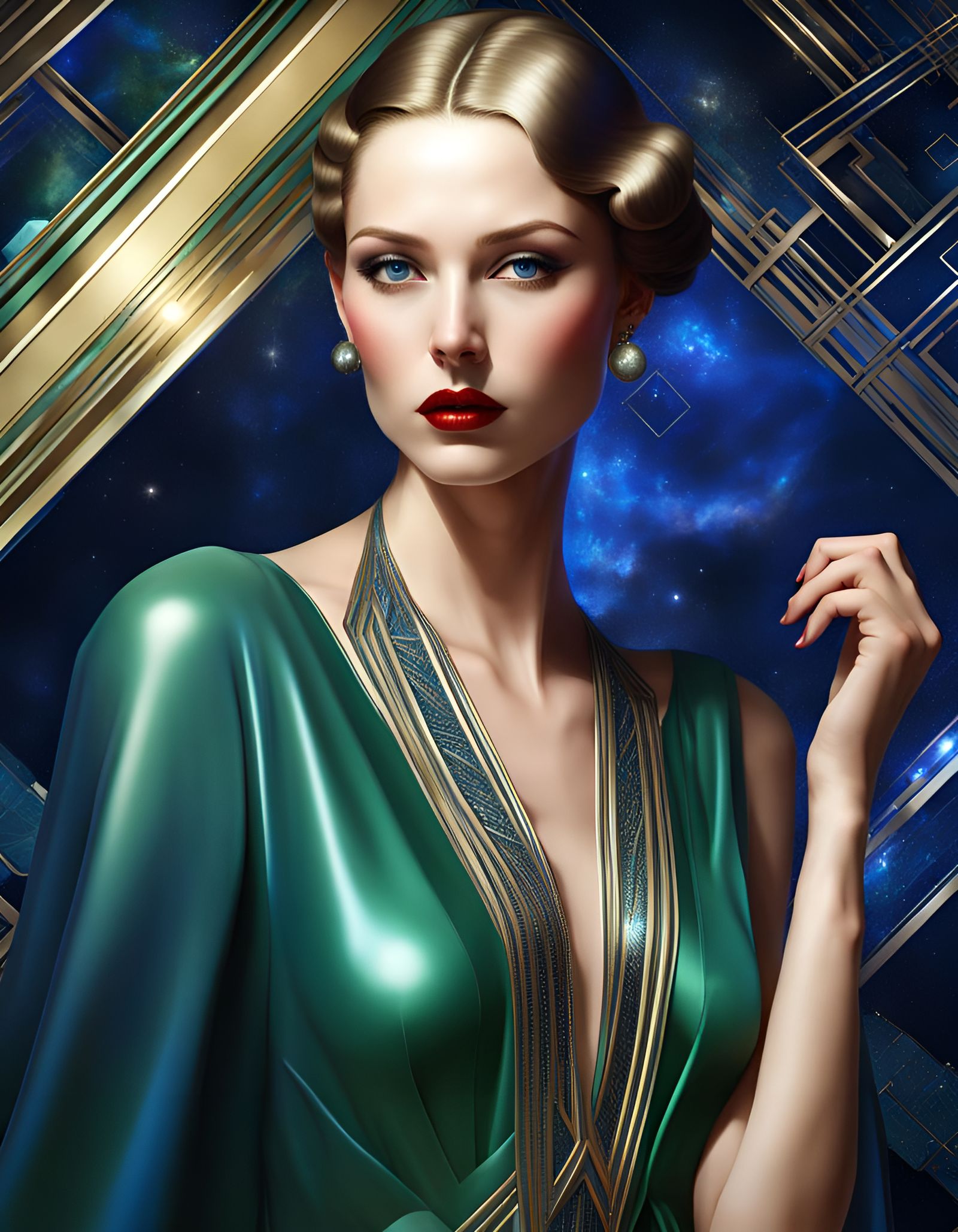 Glamorous Woman in Art Deco Style with Galaxy Dress
