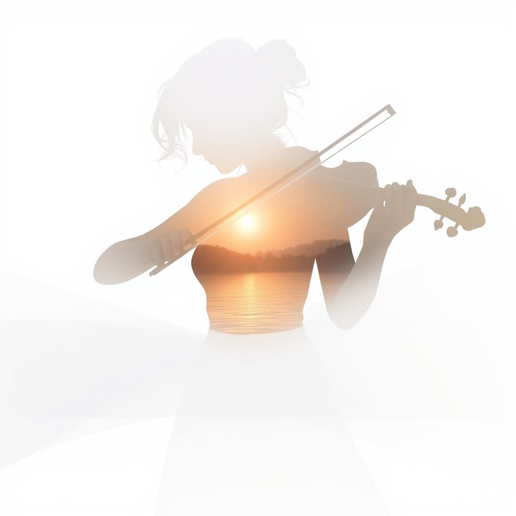 Ethereal Violinist Silhouette with Pastel Lake Scene