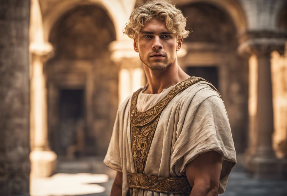 Young Man in Roman Tunic: Hyperrealistic Portrait