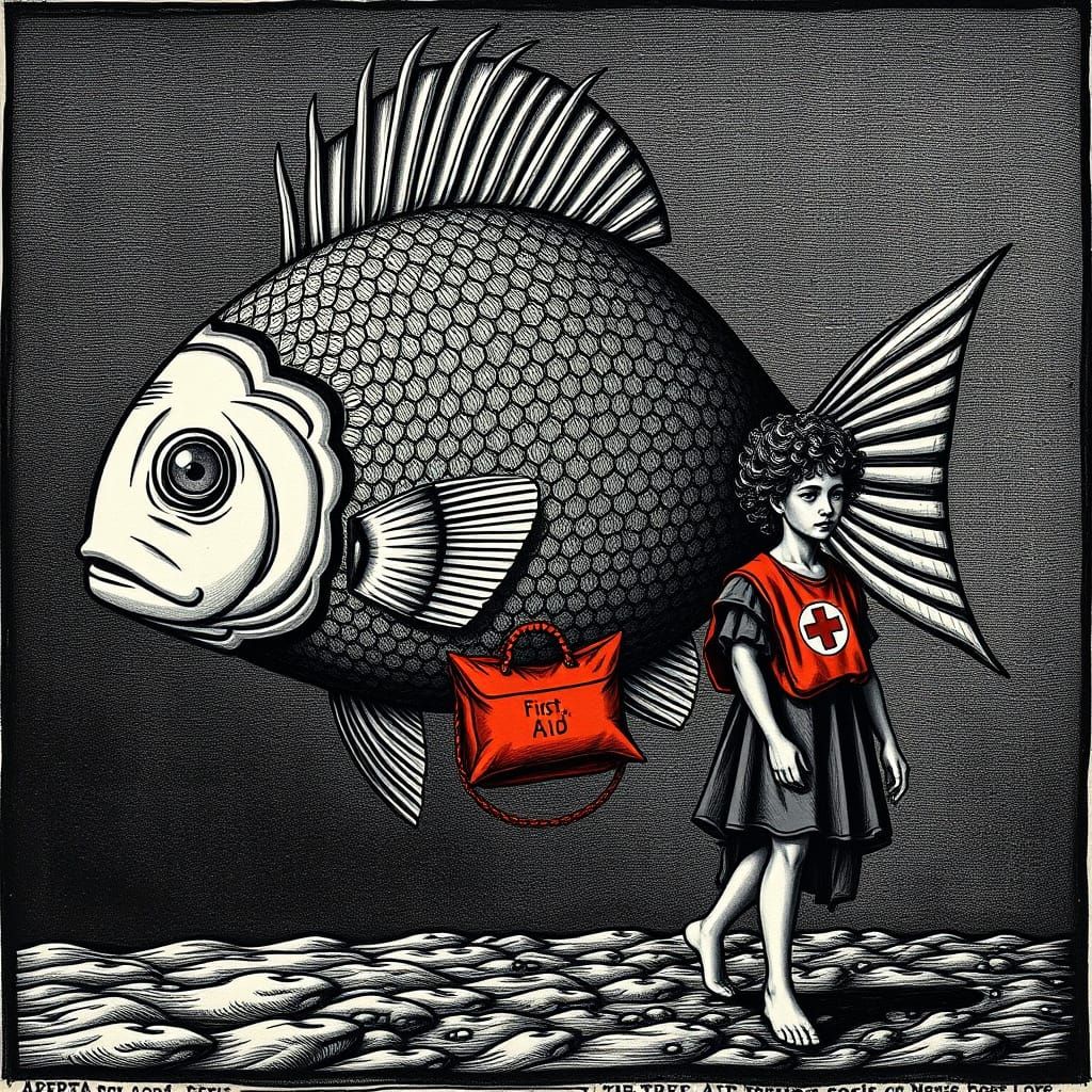 Fish-Human Hybrid in Dürer Woodcut Style