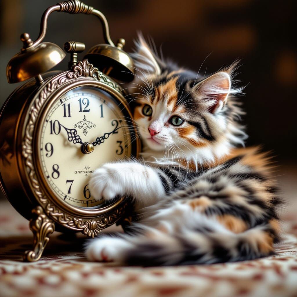 Cute Calico Kitten Hugs Antique Clock