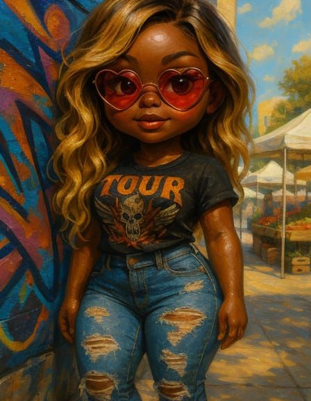 Chibi Melanin Woman with Graffiti Art, Hyper-Realistic Oil P...