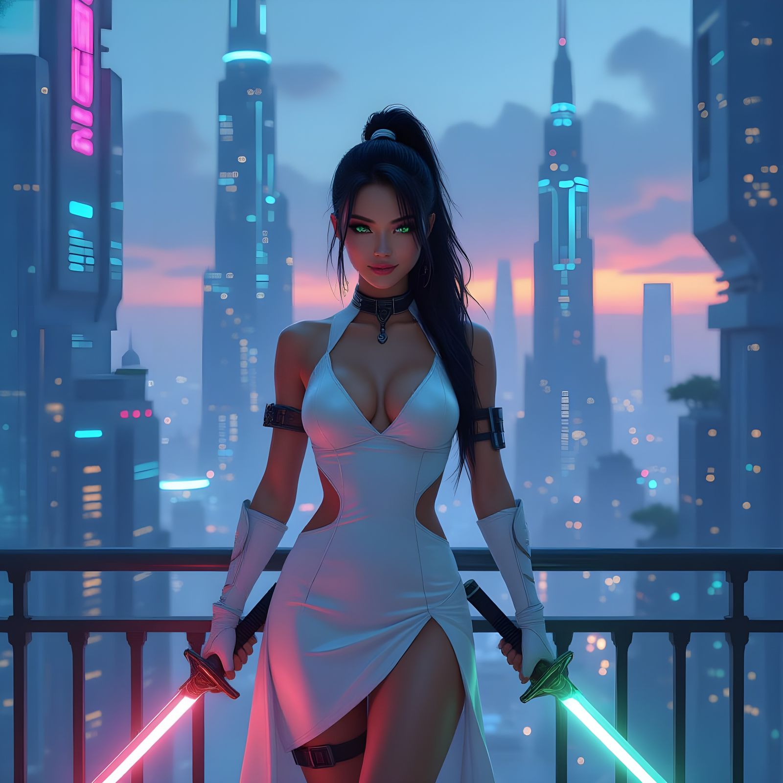 Futuristic Warrior Girl with Glowing Swords on Balcony