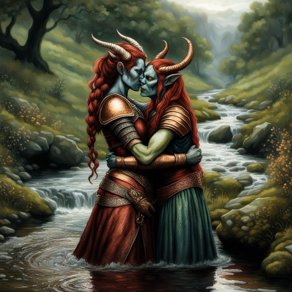 Orc and Tiefling Women in Pre-Raphaelite Style