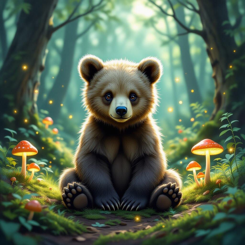 Ancient Bear Cub in Sun-Dappled Forest Clearing