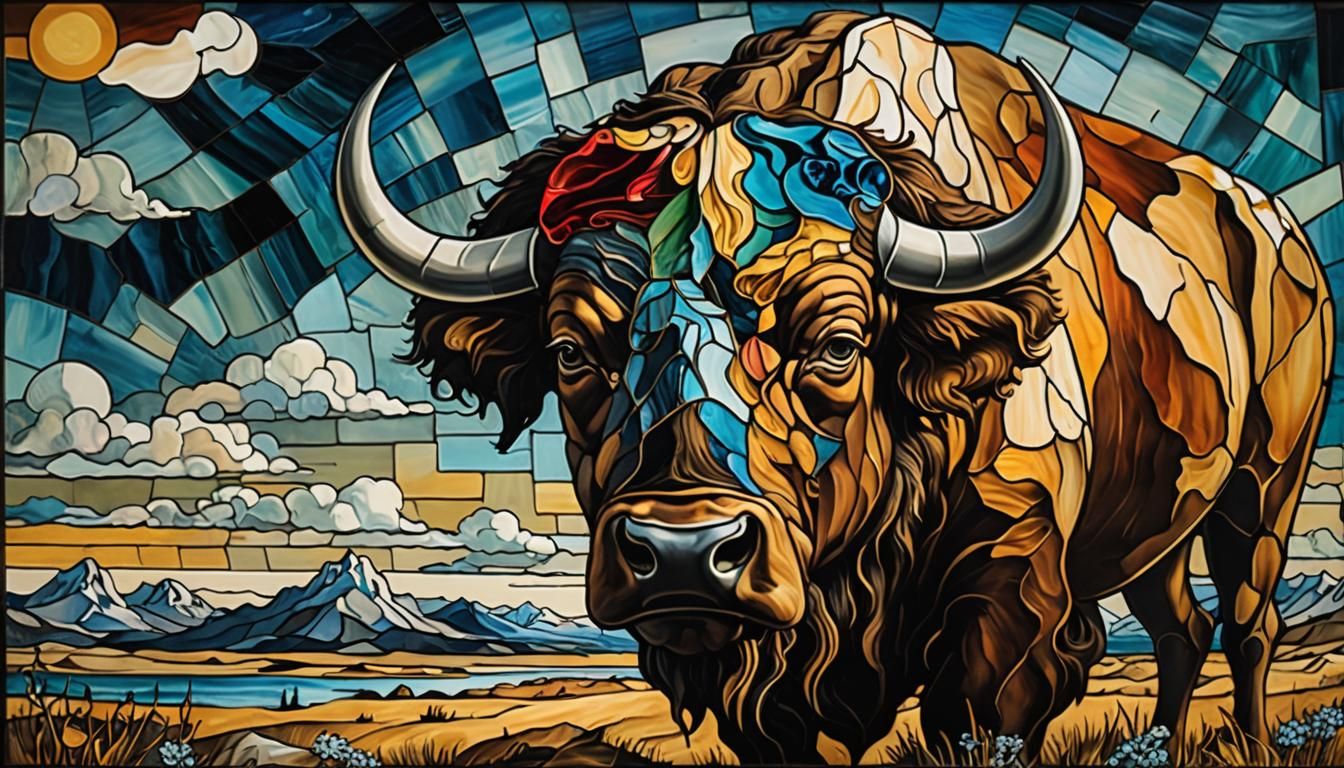 Surreal Stained Glass Buffalo Crying