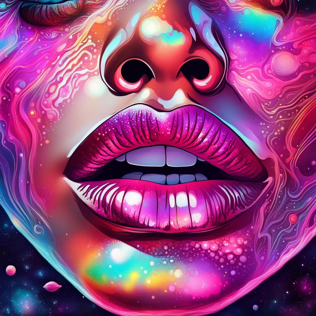Hot Pink Lips: Holographic Astral Cosmic Illustration