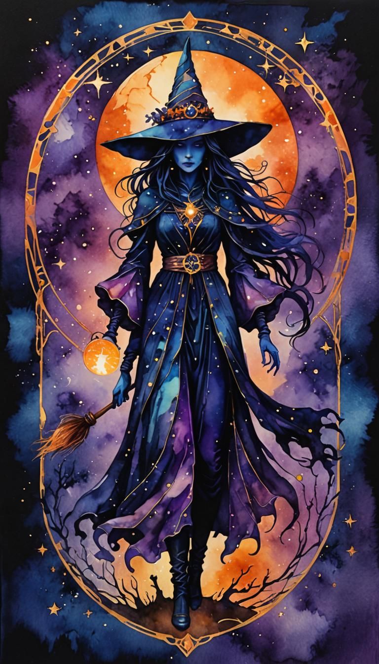 Silhouetted witch. Astral night. Moody. Blue and purple colour palette. Streaks of orange light. Magical. Mysterious. Di...