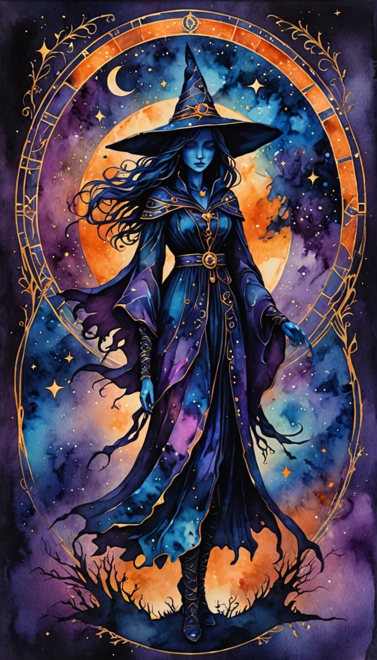Silhouetted witch. Astral night. Moody. Blue and purple colo...