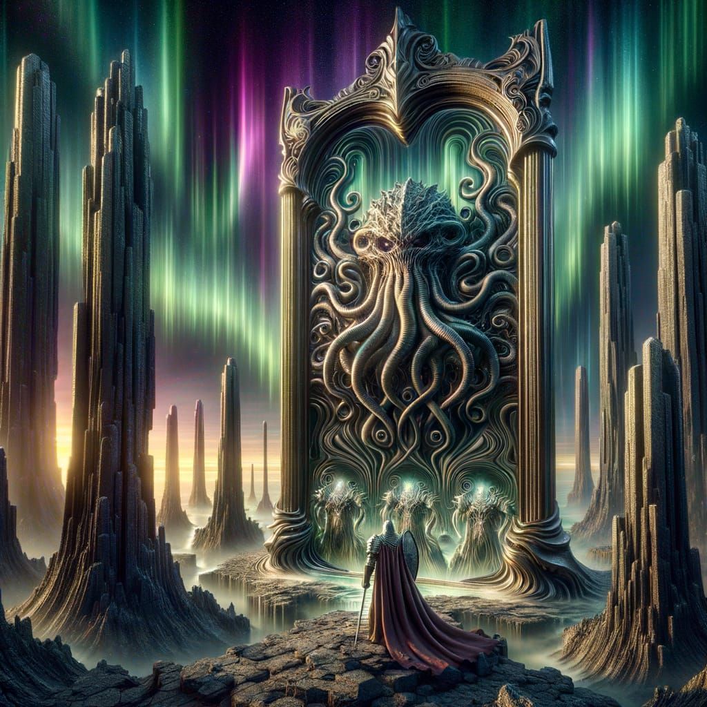 Medieval Prince and Lovecraftian Reflection Under Aurora
