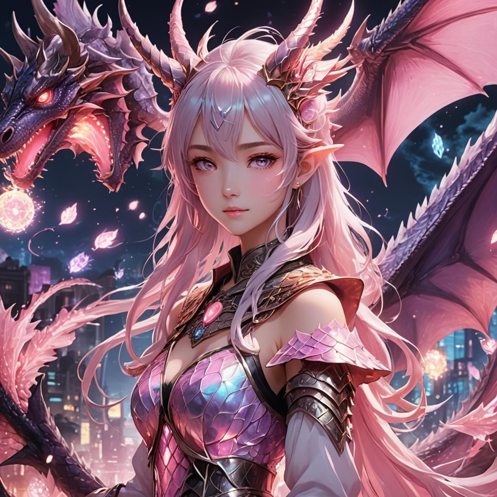 Pastel Anime Dragon Girl in Magical Setting