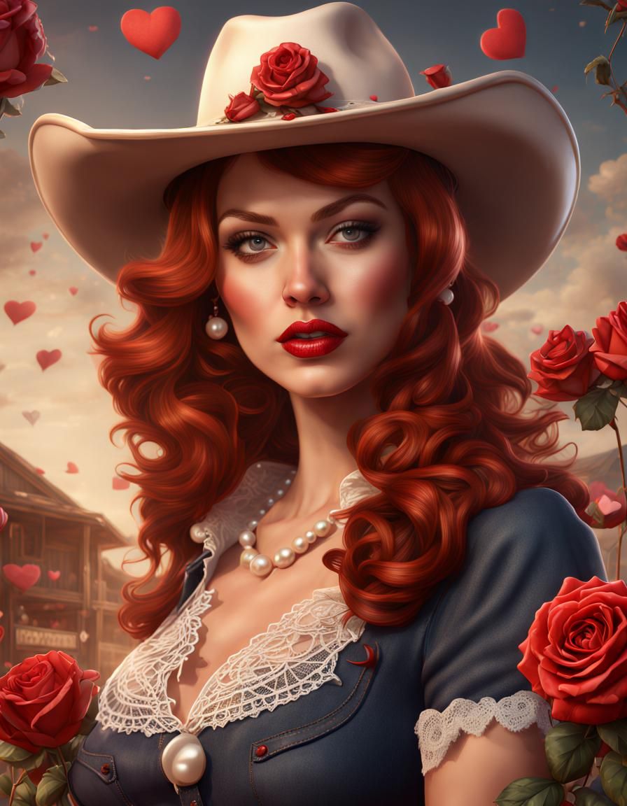 Auburn Haired Cowgirl Pin-Up with Hearts and Roses
