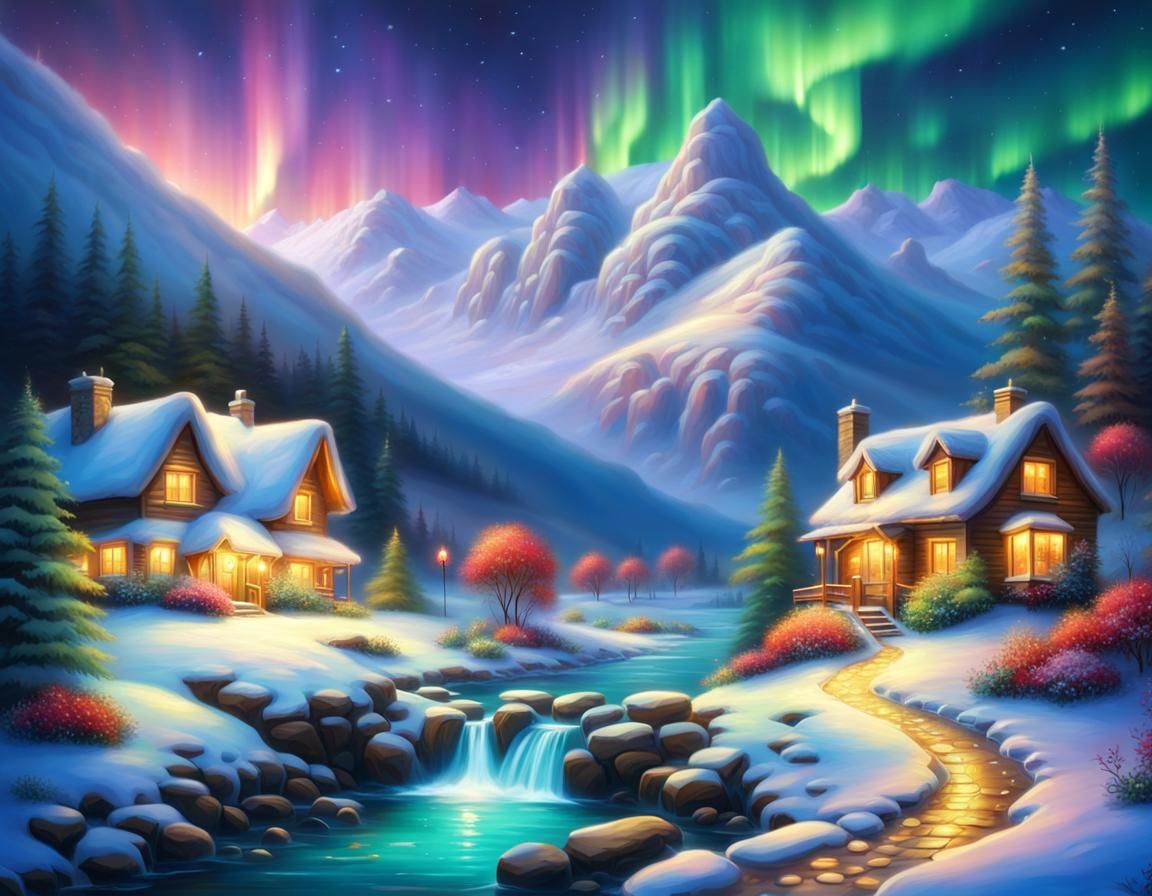 Northern Lights Cottage: A Hyperrealistic Oil Painting