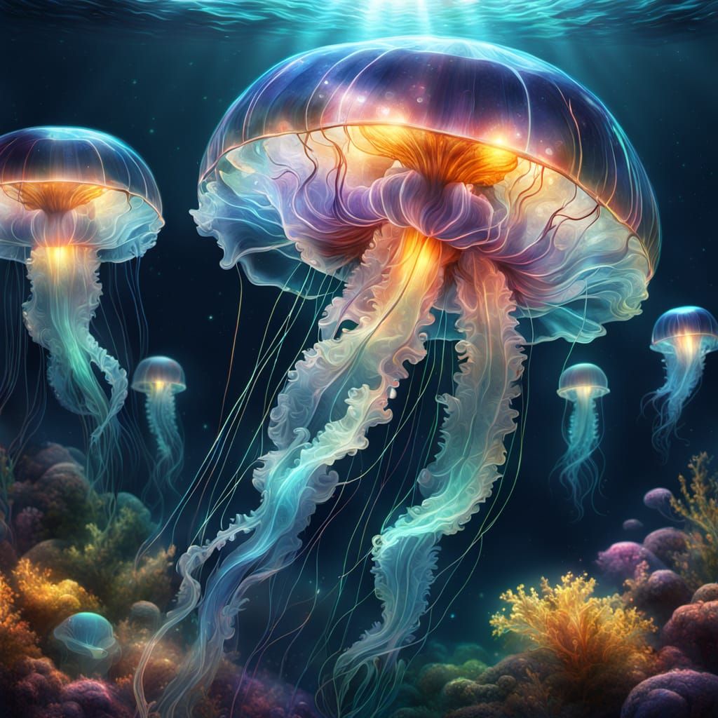 Ethereal Prismatic Jellyfish in Sunlight