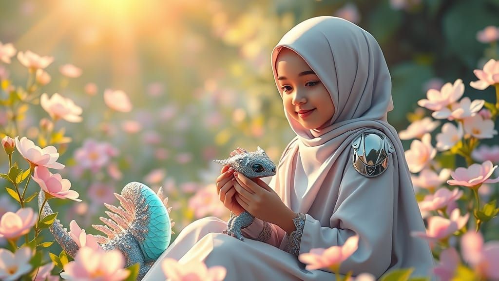 Anime-Inspired Girl, Dragon, and Android in Fantasy Garden