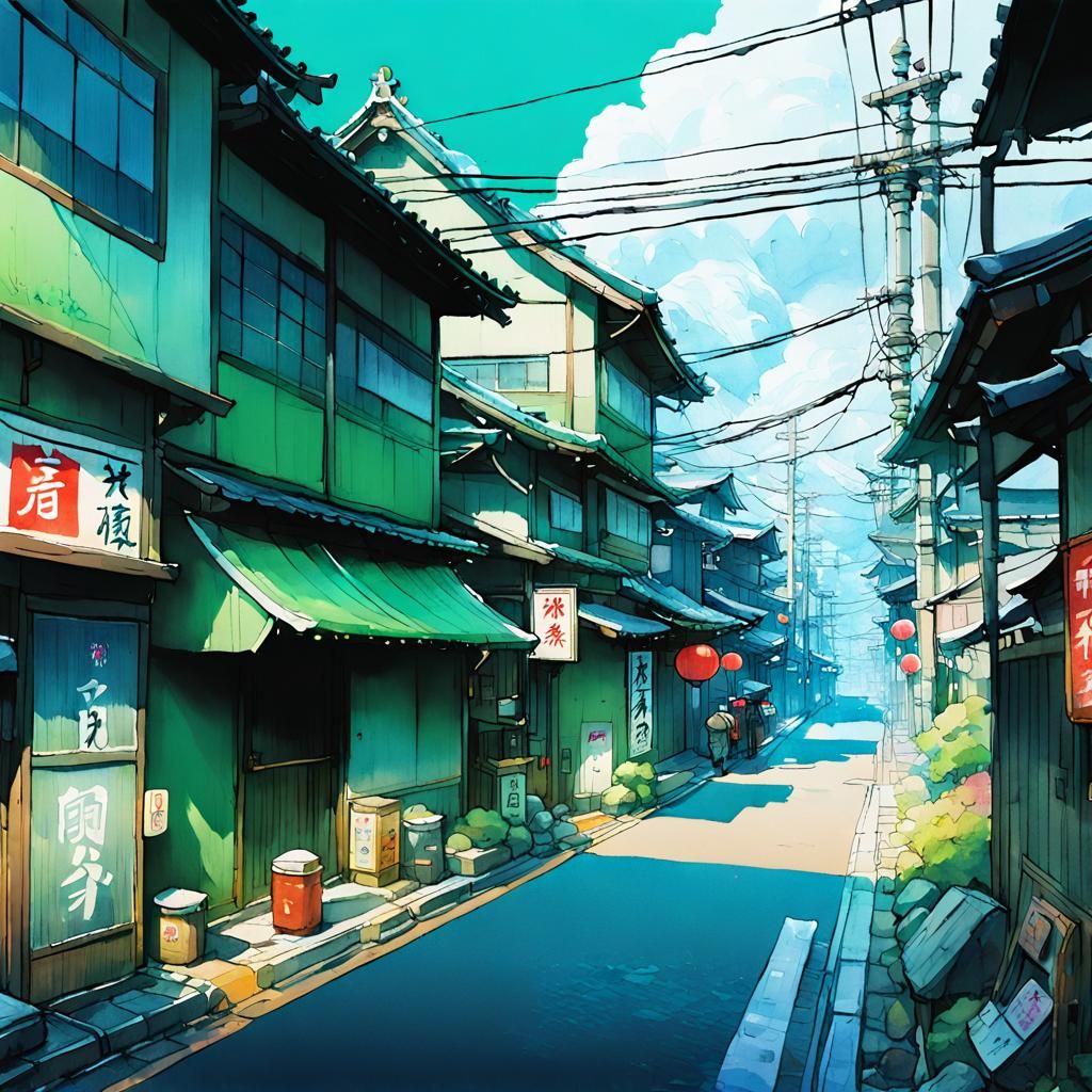 Japanese Town Watercolor by Heikala in Ghibli Style