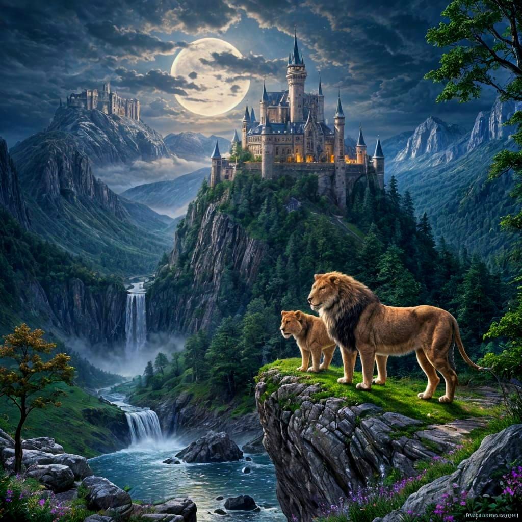 Majestic Castle on Mountain Overlooking Lions, Fantasy Reali...
