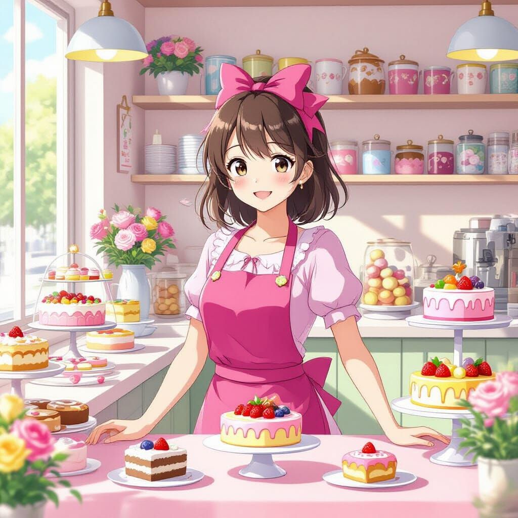Anime Girl in Pastel Pastry Shop