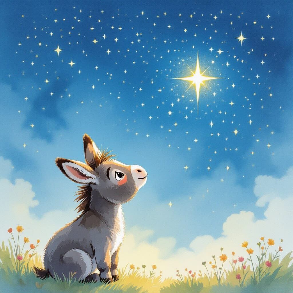 Hopeful Donkey Gazes at Starry Sky in Watercolor Style