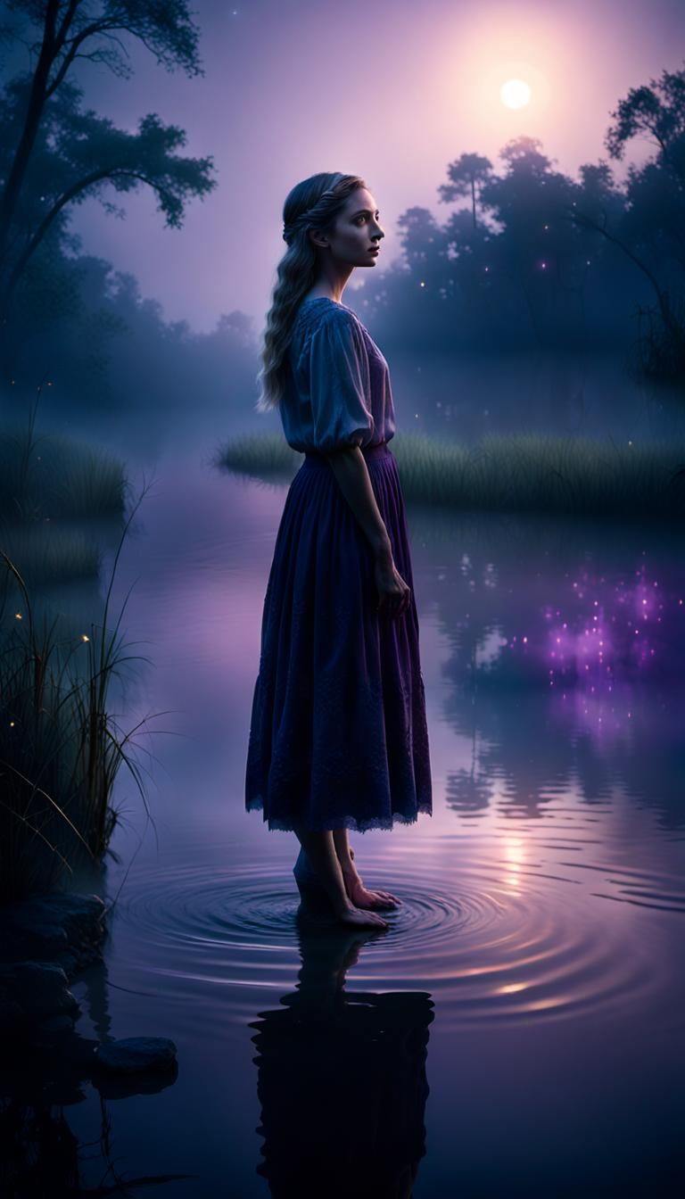 Ethereal Woman in Bayou at Night: Cinematic Still