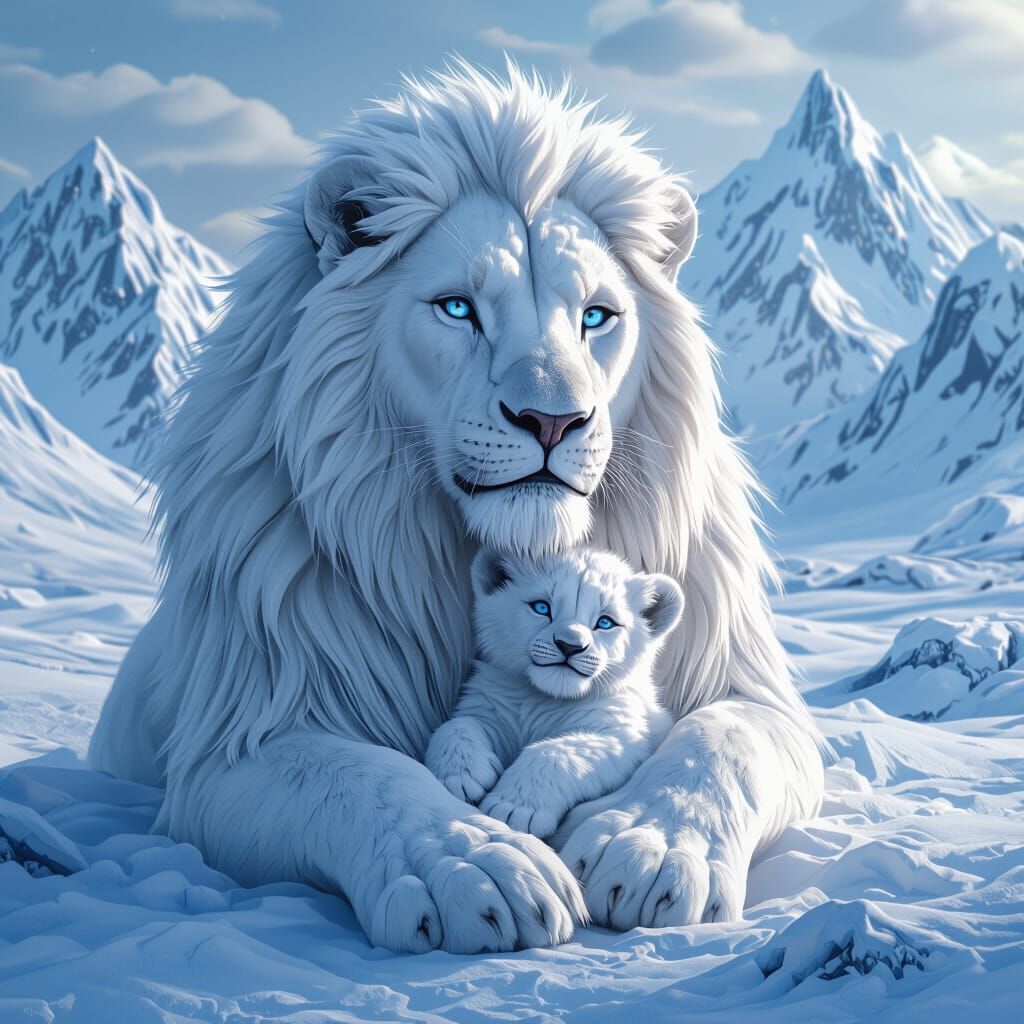 White Lioness in Icy Tundra, Hyperdetailed Digital Art