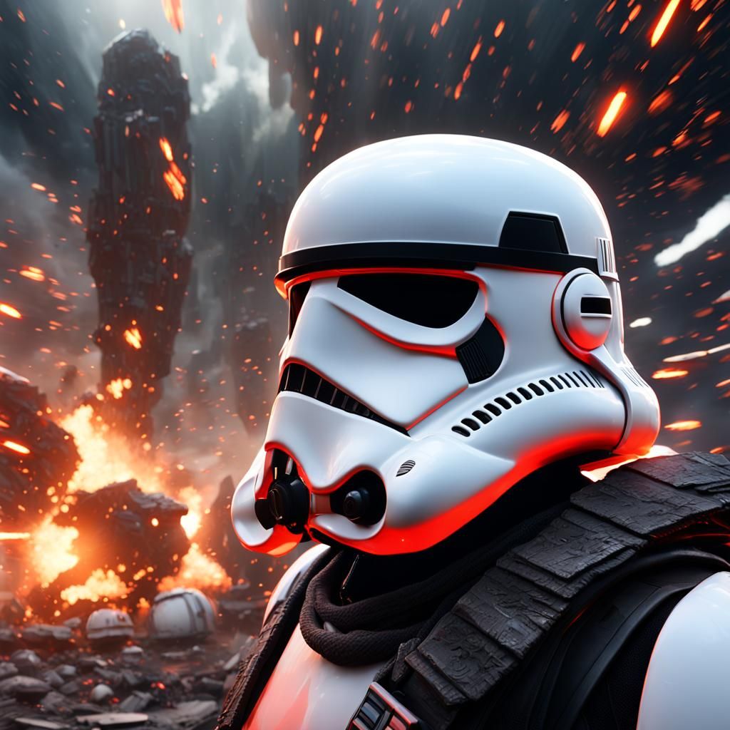 Hyperdetailed Stormtrooper Helmet in Explosion Aftermath