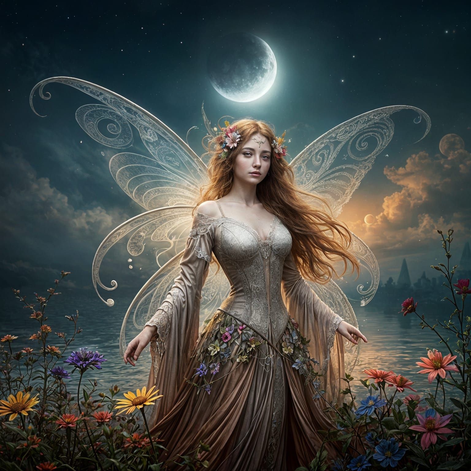 Autumn Fae moon. Rainbow moon Flower and floral swirl lace d...