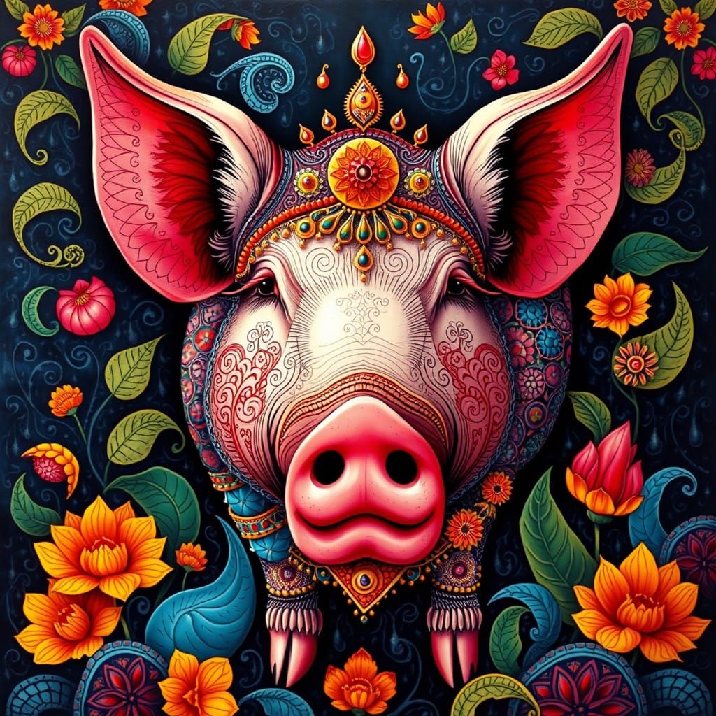 Ornate Pig in Madhubani Art Style