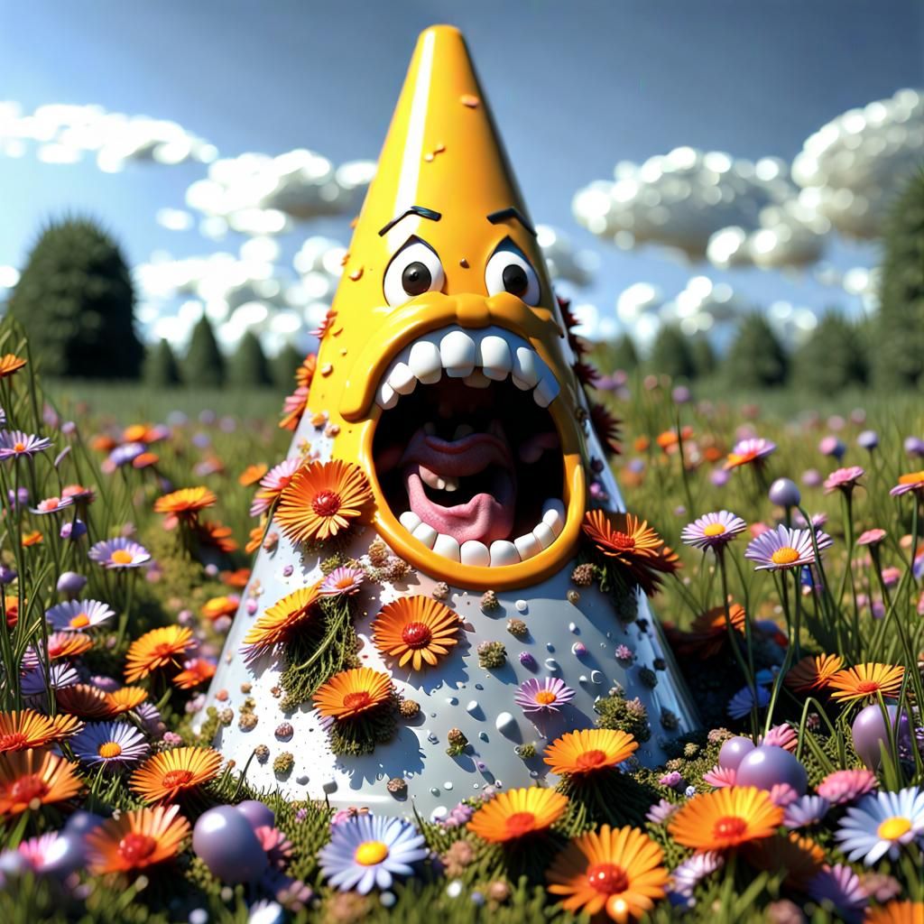 Decaying Plastic Cone in Meadow of Plastic Flowers