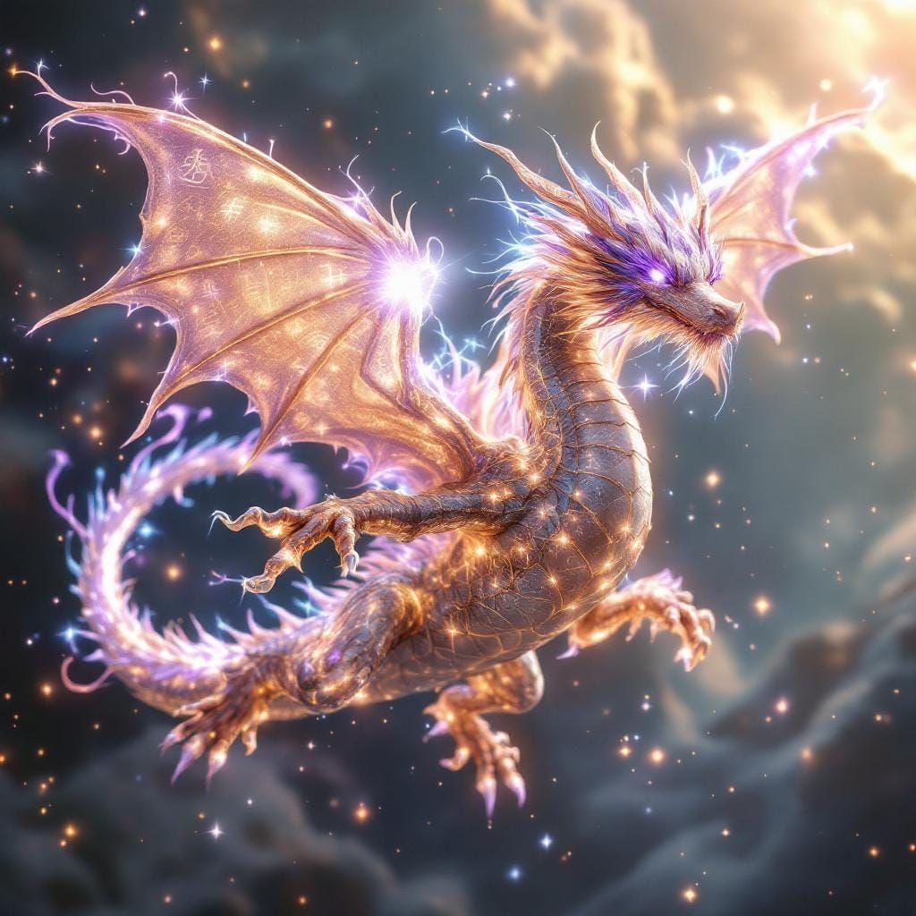 Ethereal Dragon Soaring Through Glittering Sky in CGI Style