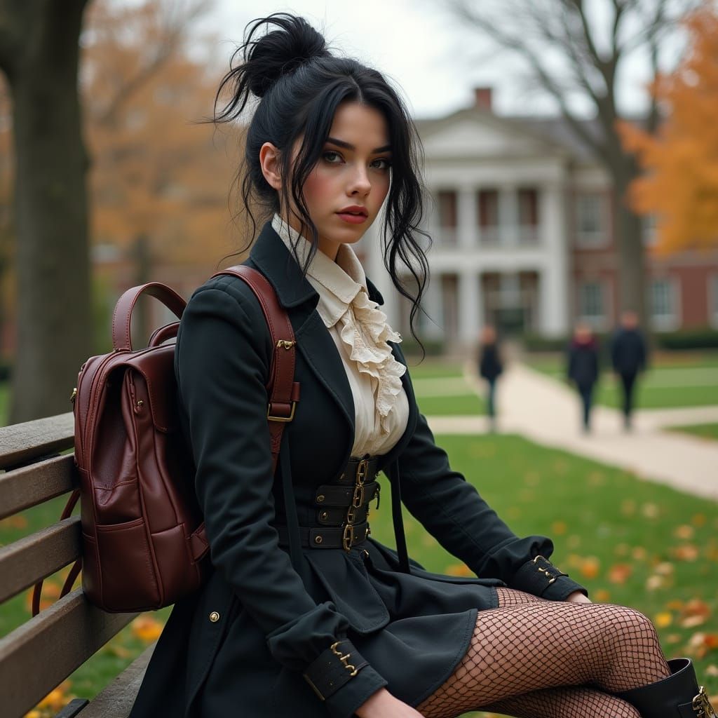 Punk Haired Woman in Victorian Jacket on University Quad