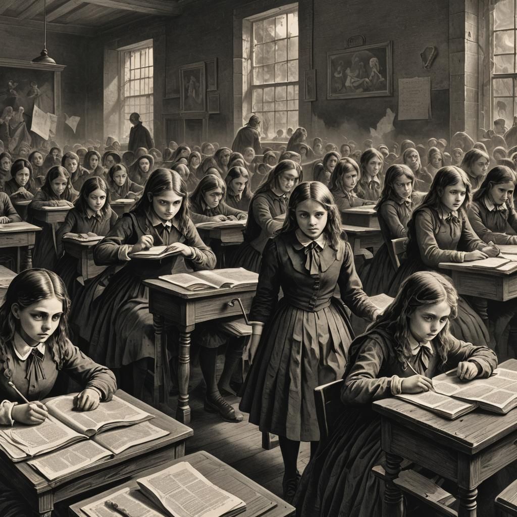 Eerie Schoolgirls in Classroom: Gothic Horror Illustration